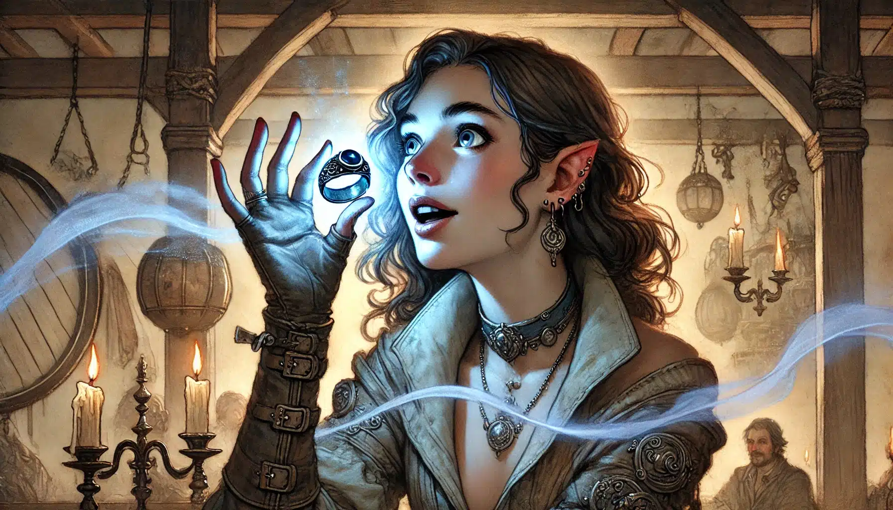 A fantasy-style illustration of an elf with pointed ears, gazing in awe at a glowing magical ring she holds. She has curly hair and is wearing detailed clothing and jewelry. The dimly lit tavern interior, with candles and wooden beams, suggests a setting ripe for D&D plot hooks.