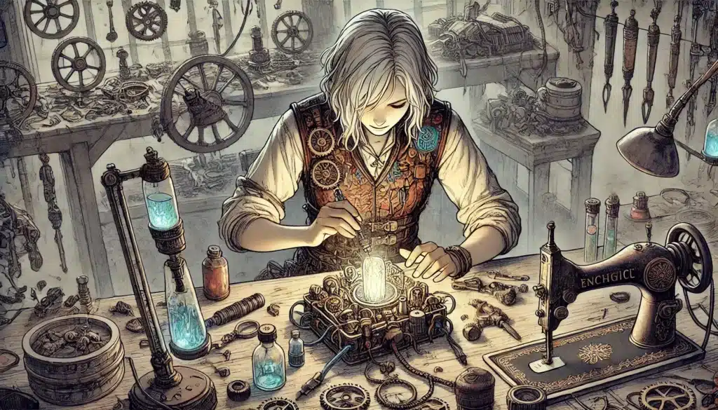 Amidst a steampunk-themed workshop, a person with white hair intently works on a mechanical device at their cluttered workbench. Surrounded by gears, tools, and glowing bottles, they embody the spirit of an Eberron Artificer from DND 2025, blending magic and machines seamlessly.