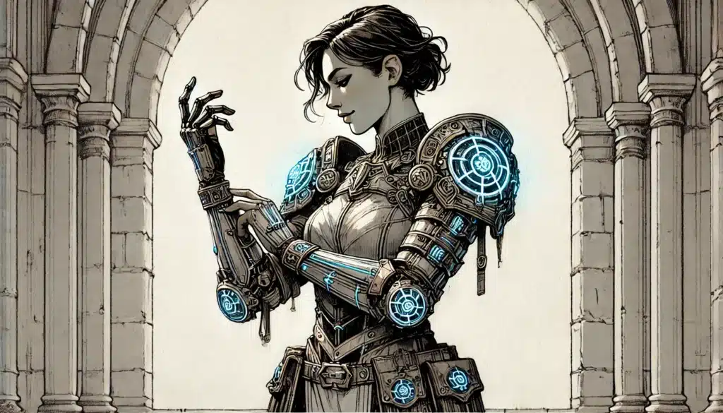 A woman in futuristic armor with glowing blue circuits stands in an arched stone hallway. She resembles an Artificer Class character from DND, examining a device on her forearm. The intricate designs of her armor emit a bright, almost magical, blue light from various points.