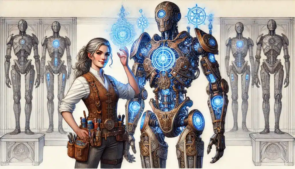 A woman with tools stands beside a large, intricately designed blue and gold robot with glowing blue elements. Behind them are sketches and models of similar robots, hinting at her Artificer class mastery in creating magical machines in this DND-inspired workshop filled with futuristic technology.