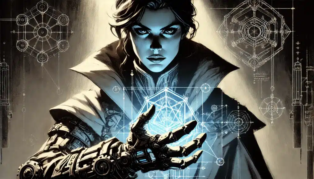 A person with an intense expression clutches a glowing blue geometric shape, their mechanical arm hinting at a blend of magic and machines. Intricate diagrams surround them, evoking the mystical feel of Eberrons Artificer Class in a setting reminiscent of DND 2025.