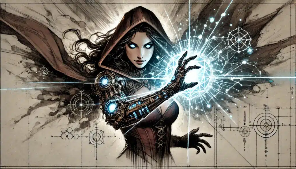 A hooded woman with glowing eyes wields a mechanical arm, emitting swirling blue energy and geometric designs, embodying the essence of an artificer class. She stands against a sepia-toned backdrop reminiscent of Eberrons intricate machinery and symbols.