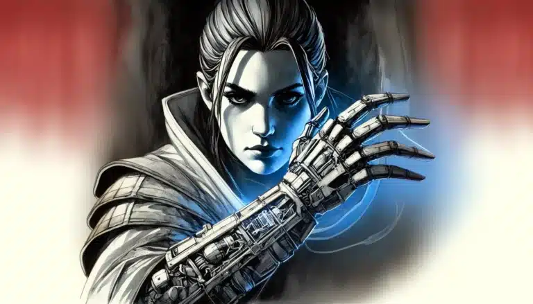 A focused character with drawn features and a partially mechanical arm channels an Artificer Class vibe against a dark, abstract background. Their expression is intense, magic-infused energy coursing through the metallic arm, creating a futuristic, sci-fi atmosphere.