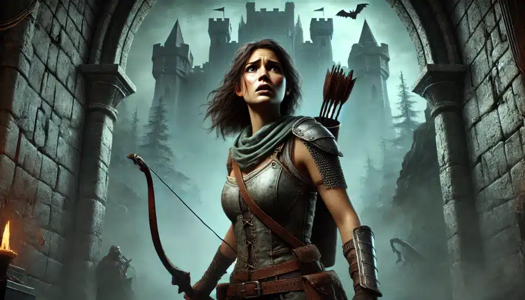 A warrior woman holding a bow stands in an arched stone gateway. She wears armor and a quiver of arrows on her back. In the background, Ravenlofts dark castle looms with bats and mist, akin to Baldur’s Gate 3s eerie landscapes, while shadowy figures lurk in the forest.