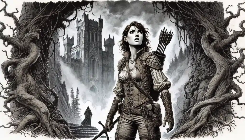 A determined adventurer stands in a forest of gnarled trees, holding a sword with a quiver of arrows on her back. She gazes upward. In the distance, a figure ascends stairs toward the towering and mysterious castle of Ravenloft.