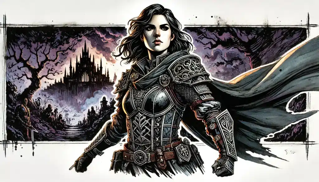 A warrior in intricately designed armor stands confidently before a gothic castle in Ravenlofts dark, mystical landscape. Her cloak billows dramatically as shadowy, twisted trees frame the scene, enhancing the intense ambiance reminiscent of Baldur’s Gate 3.