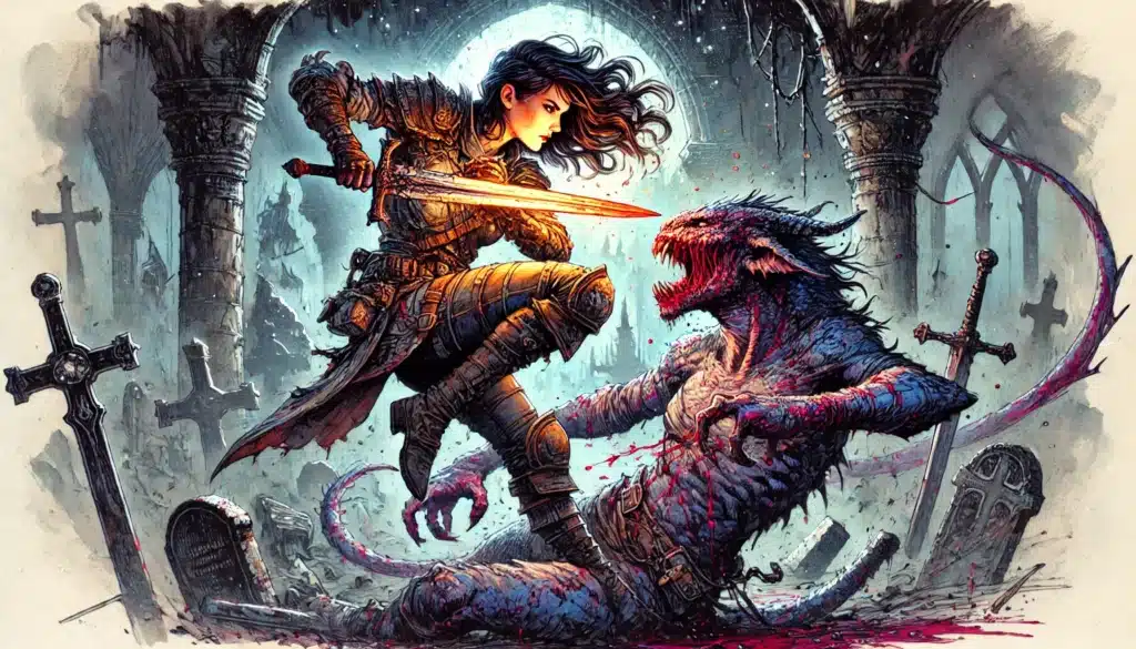 A warrior in armor wields a glowing sword, battling a monstrous creature in a graveyard reminiscent of Ravenloft. The moon illuminates the dramatic scene, with tombstones and dark, ruined arches surrounding them. The creature roars as it bleeds, while the warrior attacks.