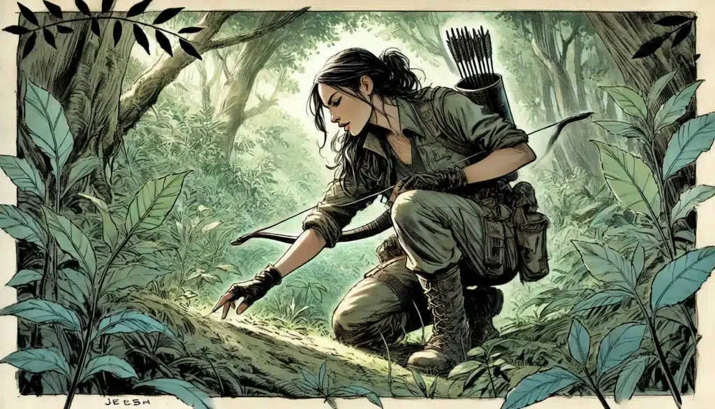 A woman crouches in a lush forest, embodying the essence of a true Wilderness Warrior. Examining the ground, she carries a bow and quiver of arrows, clad in rugged outdoor gear. Sunlight filters through the trees, illuminating the dense greenery that surrounds this adept ranger.