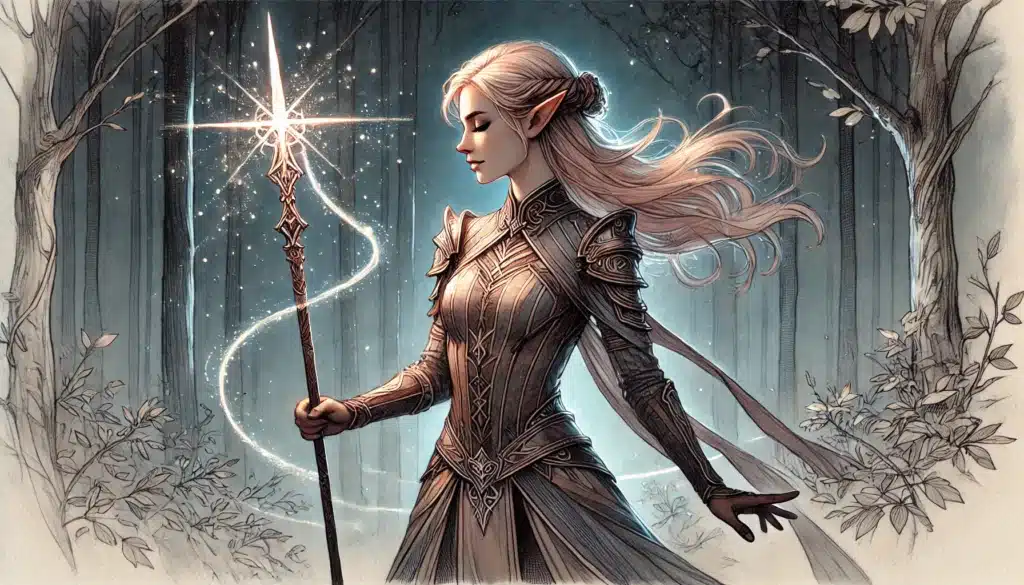 A fantasy illustration of an elf wilderness warrior in ornate armor holds a glowing staff that emits swirling light. Her long, flowing hair contrasts with the dark forest backdrop, creating a mystical atmosphere. Lush leaves frame the scene.