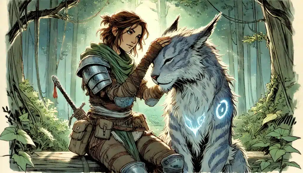 A fantasy-themed image illustrates a Wilderness Warrior, embodying the spirit of a true Ranger Class Guide, clad in armor with a green scarf. They lovingly pet a mystical lynx with glowing blue markings as they sit in a lush forest, symbolizing their deep bond with nature and creatures alike.