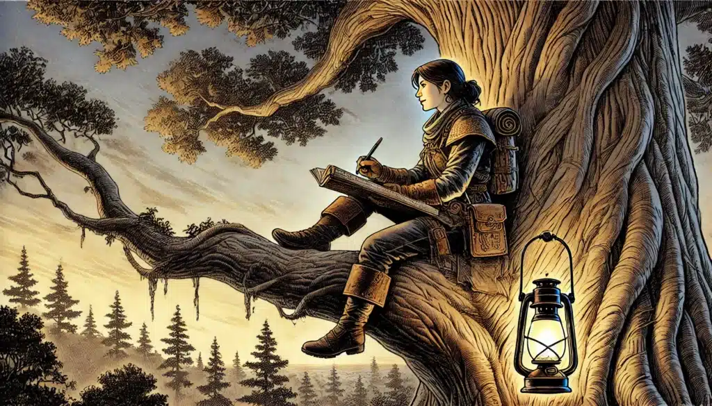 A Wilderness Warrior sits on a large tree branch, sketching in a notebook. Surrounded by the forest with a backpack and lantern nearby, the scene is calm and warm, illuminated by a golden glow, like a Ranger Class Guide stepping right out of One D&D 5e into reality.