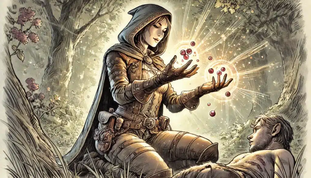 A hooded figure, reminiscent of a Wilderness Warrior from the Ranger Class Guide, kneels in leather armor within a mystical forest. Glowing red berries light the scene as a wounded elf lies nearby, enveloped by ethereal trees and flowers, eyes gently closed in repose.