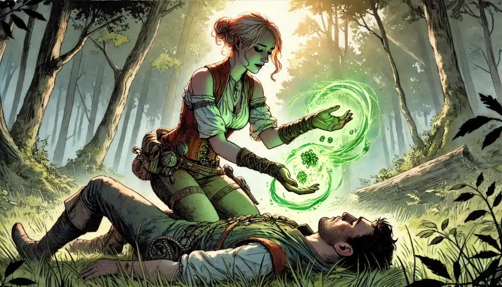 In the forest, a woman with red hair channels glowing green magic over a man lying on the grass. Sunlight filters through the trees, accentuating her adventurer attire as this Wilderness Warrior focuses intently on her healing spell.