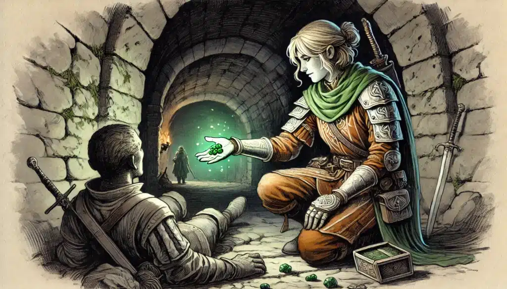 A Wilderness Warrior with a green cape offers glowing stones to an injured figure in a medieval stone tunnel. The dimly lit passage, reminiscent of a One D&D 5e encounter, leads to an arched opening, with another figure silhouetted in the distance.