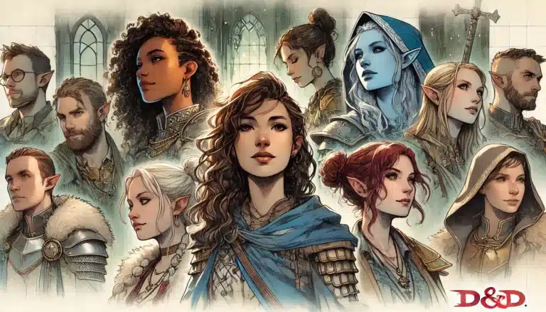 A diverse group of fantasy characters, including elves and humans, in armor and cloaks, stand together. Each has distinct features and hairstyles against a medieval backdrop with stained glass windows. The D&D logo signals the One DND TTRPG Update for 2024-2025 in the corner.