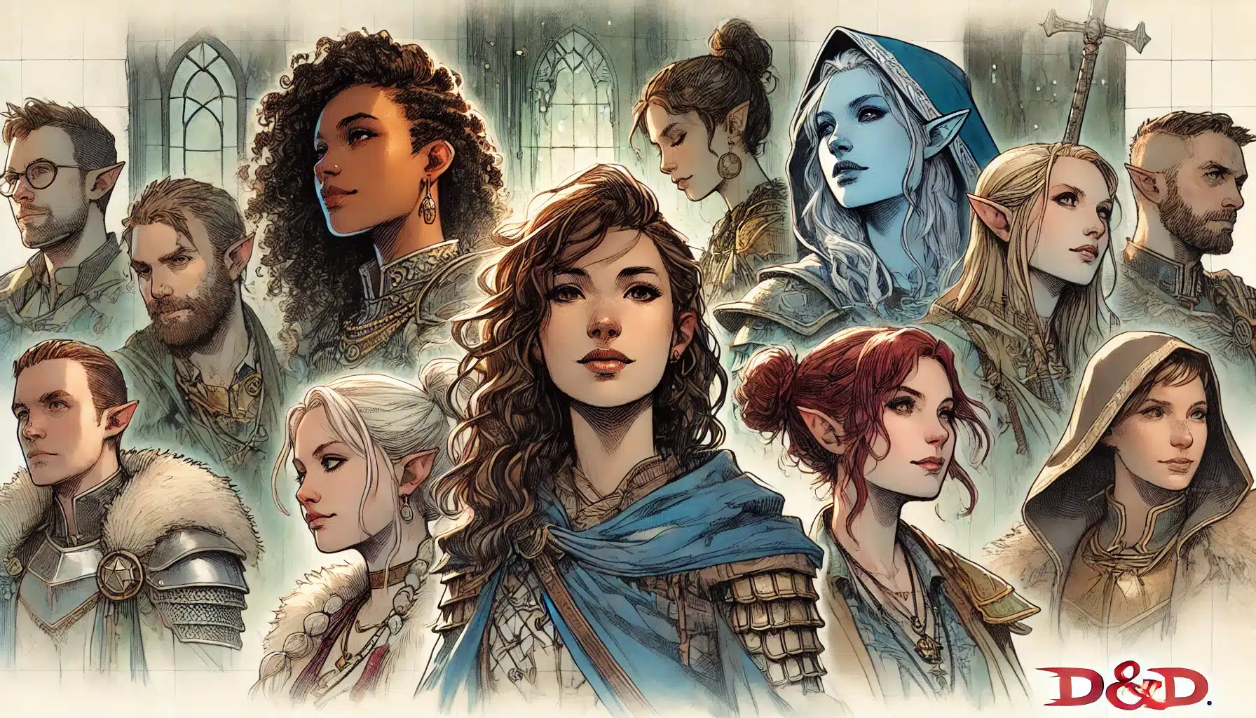 A diverse group of fantasy characters, including elves and humans, in armor and cloaks, stand together. Each has distinct features and hairstyles against a medieval backdrop with stained glass windows. The D&D logo signals the One DND TTRPG Update for 2024-2025 in the corner.