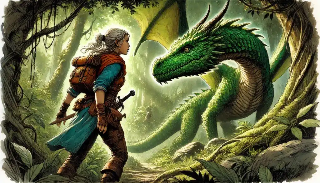In a scene reminiscent of the Dragon Delves Anthology, a young adventurer with silver hair, leather armor, and a sword confronts a large green dragon in a dense, sunlit forest. The creatures wings are partially spread amid vibrant foliage, creating an enchanting atmosphere.