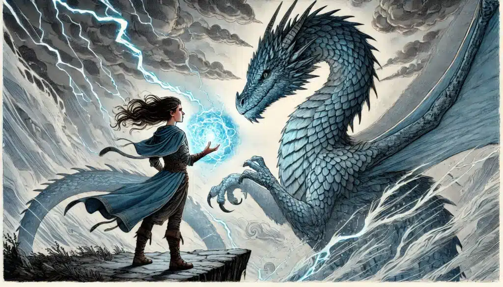 Cloaked and long-haired, a solitary figure stands on a cliff, orb of electricity in hand, confronting a colossal blue dragon. As storm clouds swirl dramatically around them, the scene echoes an epic moment straight from Dragon Delves Anthology.