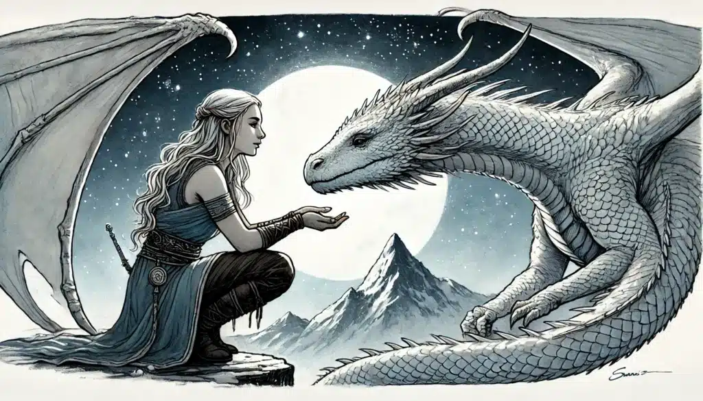 A woman with long, flowing hair kneels on a mountain cliff, offering her hand to a large, white dragon. Under the moonlit sky reminiscent of a D&D adventure, the majestic scene features a snowy mountain peak in the background.