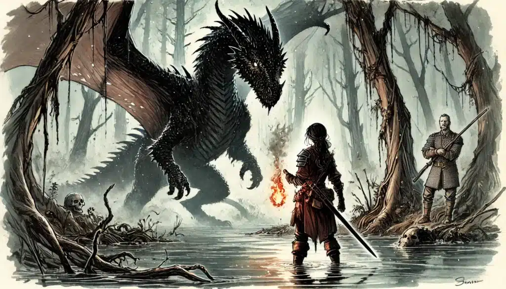 In the heart of the swamp, a warrior brandishing a fiery weapon confronts a large black dragon with wings unfurled. Nearby, a figure with a spear observes. Skulls and twisted trees complete this scene from the Dragon Delves Anthology, creating an ominous atmosphere.