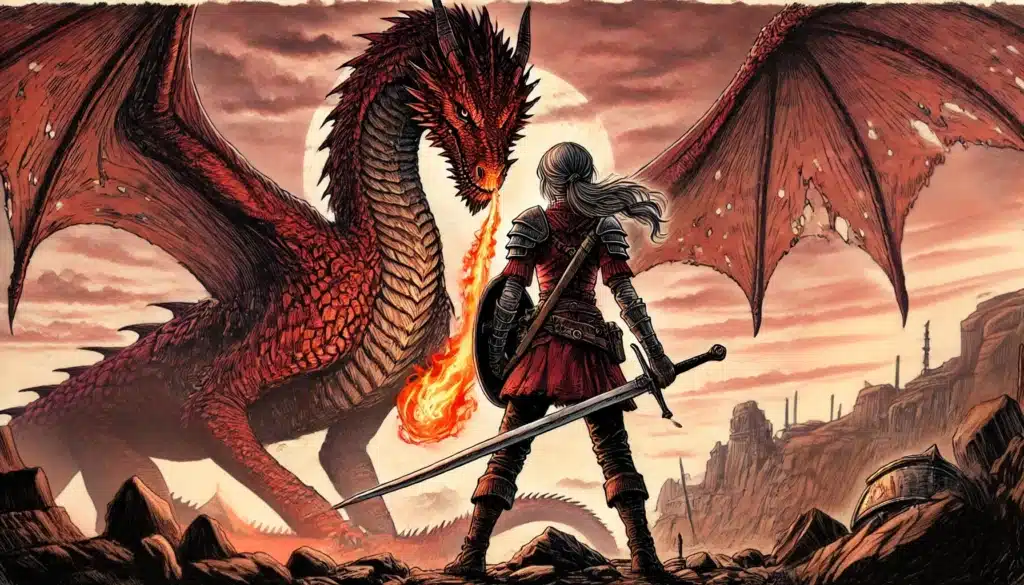 A warrior with flowing hair and armor stands on rocky terrain, confronting a large red dragon in an epic D&D showdown. The dragon breathes fire as its wings spread wide. Sword drawn, the warrior braces for battle beneath an overcast sky, creating the ultimate dramatic backdrop.