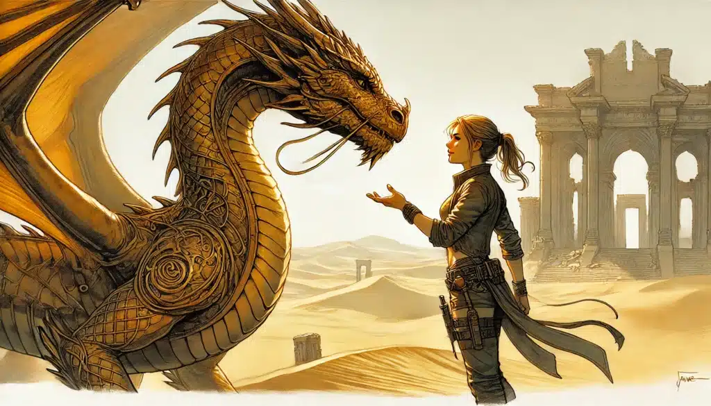 In a scene straight from the Dragon Delves Anthology, a person with a braided ponytail stands in the desert, reaching out toward a large, intricately designed dragon. Ancient ruins sit under the clear sky, evoking the epic quests of D&D legends.