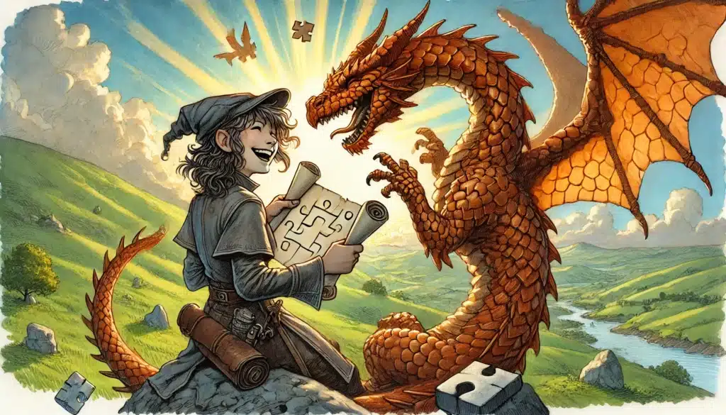 A young adventurer with curled hair, clad in medieval garb, joyfully holds puzzle pieces on a grassy hill. Beside them, an orange dragon from the Dragon Delves Anthology playfully interacts under a sunny sky. Rolling hills and a river form the breathtaking backdrop.