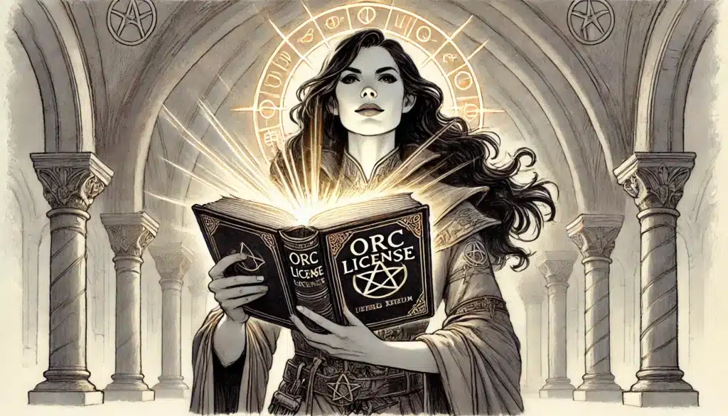 A mystical woman stands in a stone archway, gazing at an open, glowing book titled ORC License. She wears a flowing robe with a star emblem, reminiscent of characters from RPGs like Pathfinder, while golden symbols shimmer around her head like a halo.