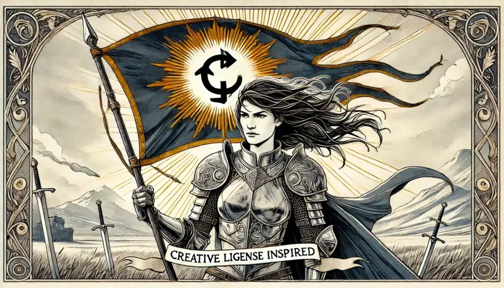 A heroic figure in ornate armor stands defiantly, clutching a flag bearing a sun and arrow symbol. Amidst swords and a mountainous backdrop, rich with details reminiscent of classic RPGs, a banner declares Creative License Inspired, guiding the pathfinders journey.