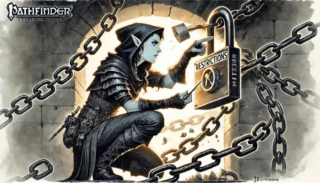 An elf in dark armor and a hood picks a giant padlock labeled Restrictions, unlocking a heavy chain. The scene, rich with fantasy aesthetics, features an arched doorway and glowing background. Pathfinder: Breaking Irons is boldly inscribed at the top, evoking the spirit of RPGs.