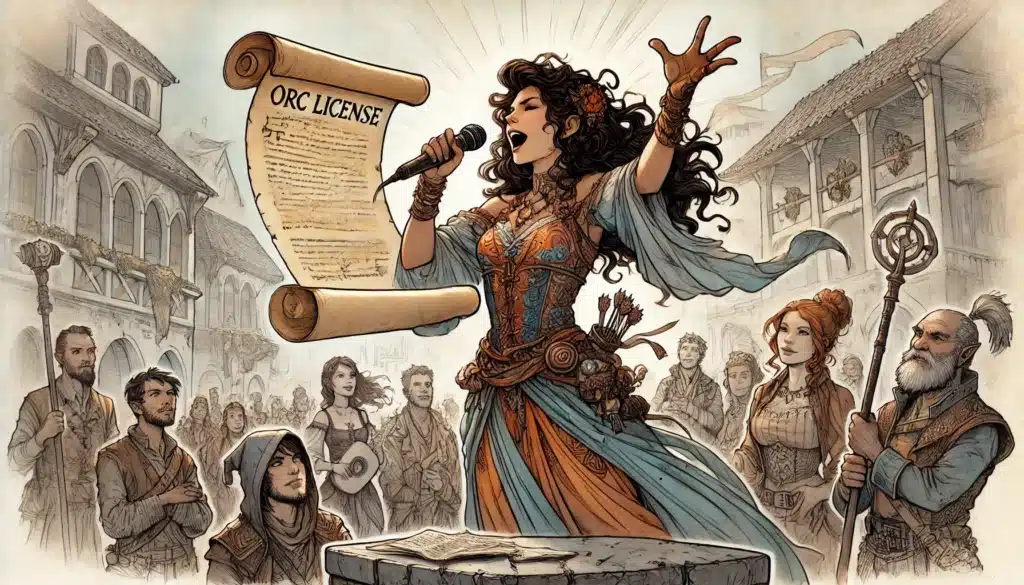 A woman in a colorful, fantasy-style dress holds a scroll labeled ORC License and sings passionately. Shes surrounded by a diverse crowd in medieval attire, reminiscent of an RPG village scene. A hooded figure and a man with a staff from the Pathfinder world watch her closely.