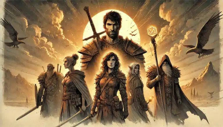 A group of five fantasy warriors stands ready for battle against a dramatic sky. The central figure, reminiscent of a Pathfinder hero, is framed by the sun. Two women and two men in various warrior garb flank him, with birds and mountains enhancing this epic RPG scene.