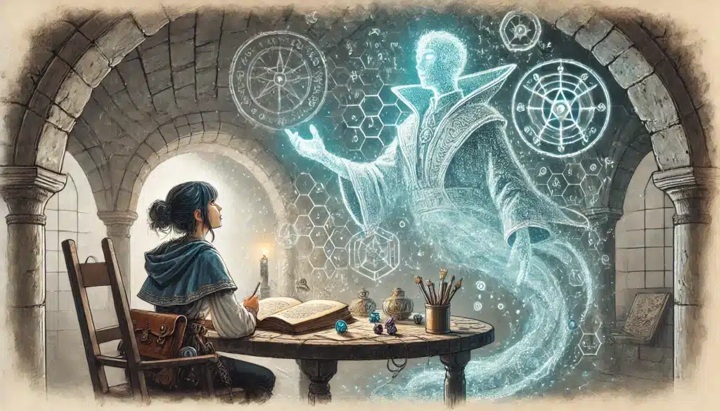 A person with a candle sits at a wooden table in a stone chamber, studying an open book. A glowing, translucent figure in elaborate robes, surrounded by mystical symbols, appears to be offering guidance or knowledge—a scene reminiscent of an AI Dungeon Master crafting game-changing innovations.