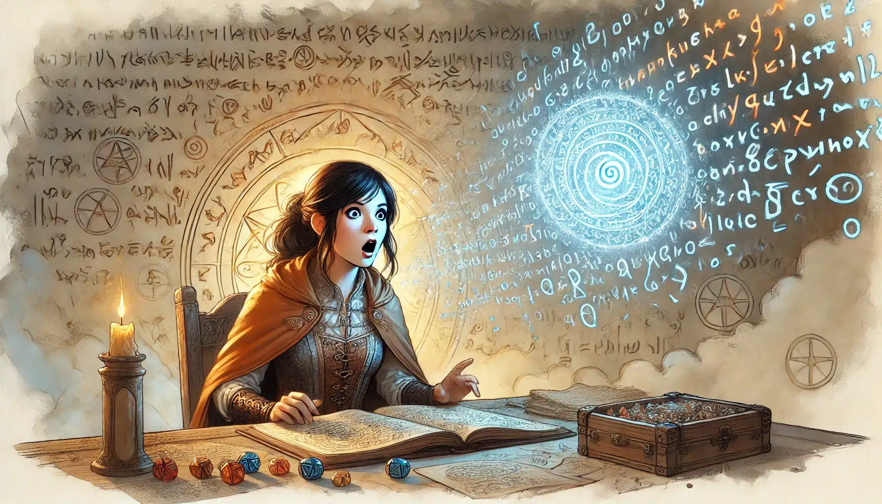 A young woman in a cloak looks amazed as she sits at a wooden table with open books and glowing runes, much like an AI Dungeon Master weaving tales. Magical symbols and light swirl around her in a mystical room, creating an aura of enchantment and discovery.