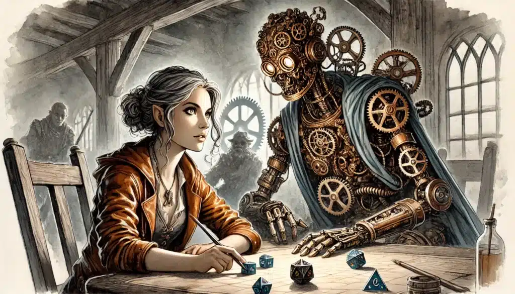 In a fantasy scene, a woman with pointed ears sits across from a mechanical steampunk robot in a rustic tavern. Engaged in what seems like an AI as Dungeon Master session, they play with blue dice scattered on the table amidst gears and cogs decorating the robot.