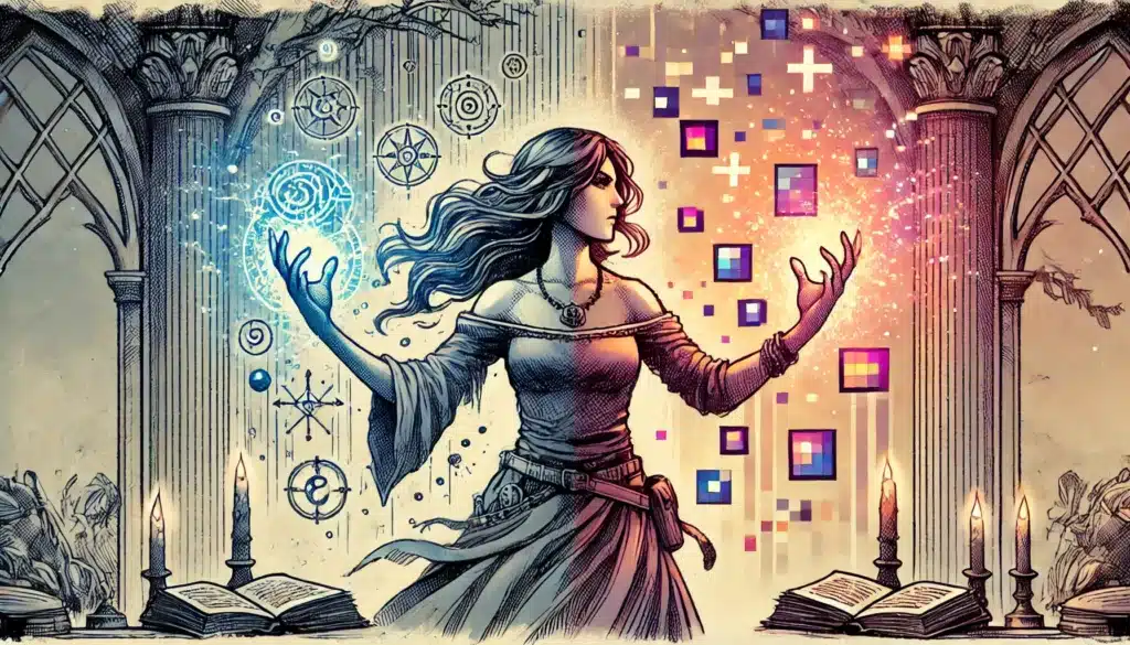 Amid stacks of books and lit candles, a woman conjures magical symbols with light in a fantastical RPG setting. Her flowing dress and hair, alongside the glowing symbols, evoke the enchanting world of D&D, enhancing the mystical ambiance.