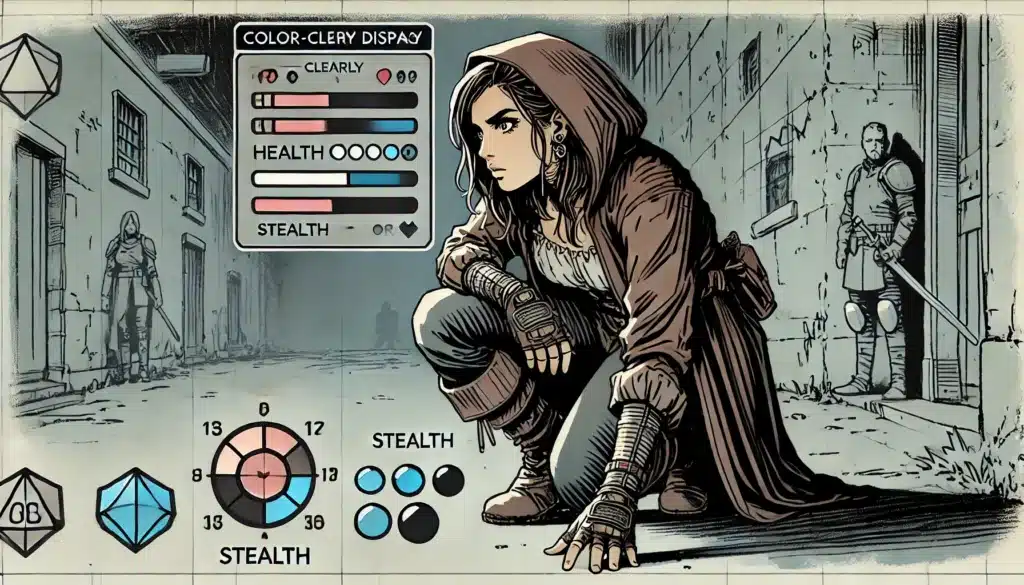 An illustrated character crouches stealthily in a shadowy alley, reminiscent of RPG media. Theyre wearing a hooded cloak and fingerless gloves, with a graphics overlay displaying health, stealth, and character stats. In true video game fashion, a guard stands watch in the background.