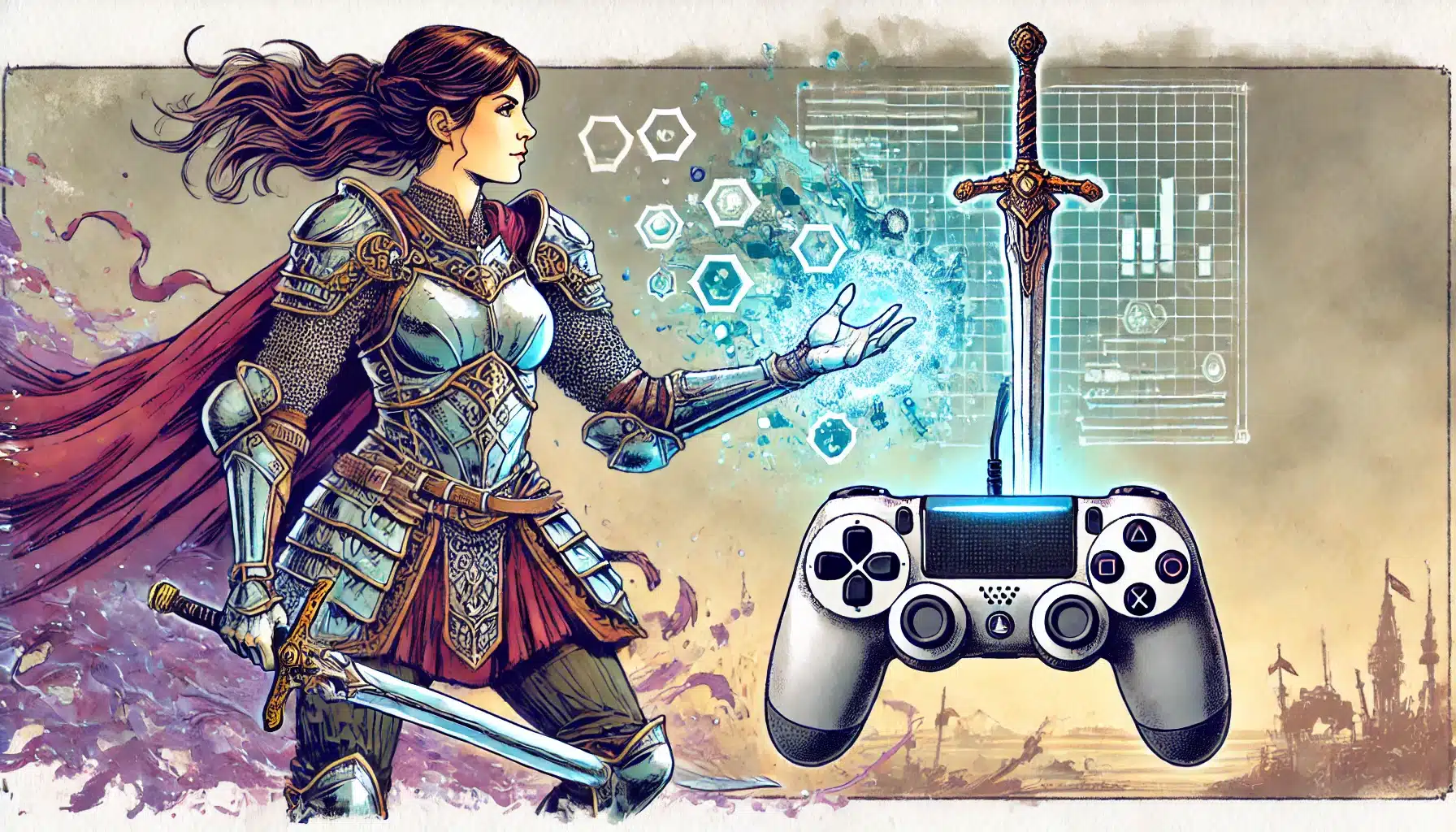 An armored warrior woman with a sword reaches toward a floating console controller and another blade. Digital symbols and futuristic screens envelop her, merging RPG Media elements with fantasy. The background bursts with vibrant scenes of battle, reminiscent of epic video games.