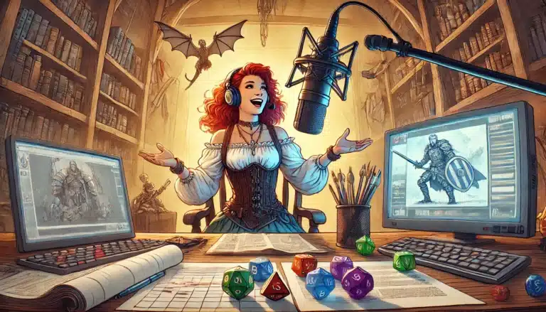 A woman with red hair, wearing headphones and a medieval-style dress, sits between two computer monitors with fantasy artwork. She speaks into a microphone for a Twitch stream of an actual play session, surrounded by dice and papers. Shelves of books and a dragon in the background complete her tabletop RPG haven.