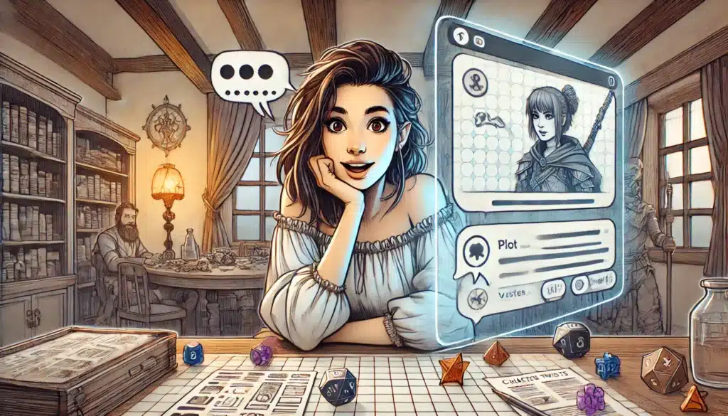 In a rustic room, a woman interacts with a holographic character sheet displaying a female warrior, reminiscent of an Actual Play session. Various dice are scattered on the table before her. In the background, books line the shelves and another man sits engaged at the table.