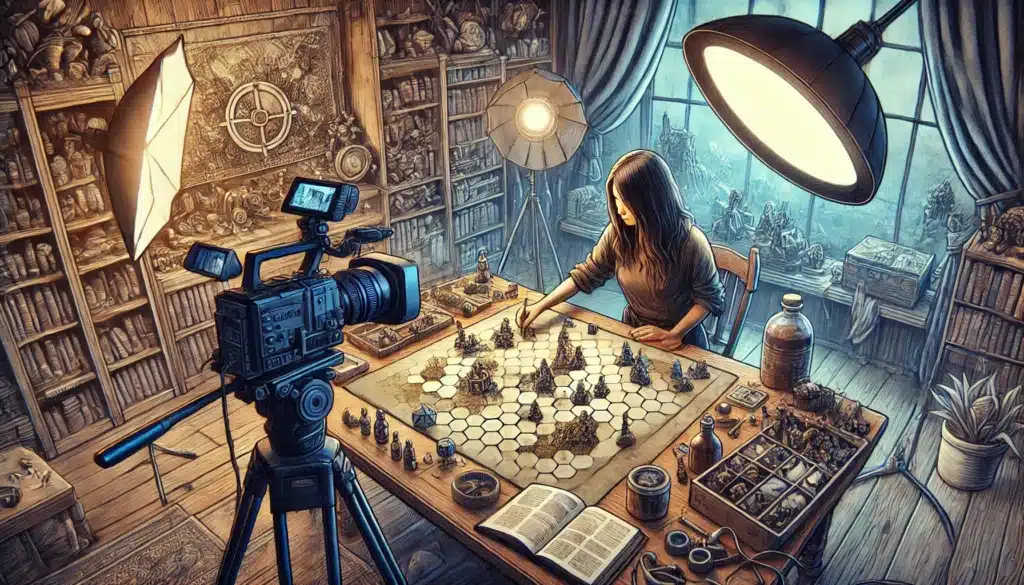 A woman streams a tabletop board game session in a cozy room filled with bookshelves and miniatures. Two large studio lights and a camera are set up for her YouTube channel. The scene has warm, artistic lighting, with a large window providing natural light in the background.