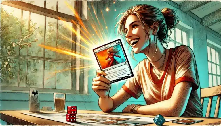 A person with a ponytail is sitting at a table holding a glowing card, smiling enthusiastically. Dice and cards are scattered on the table. Sunlight streams through a window, creating a warm ambiance.