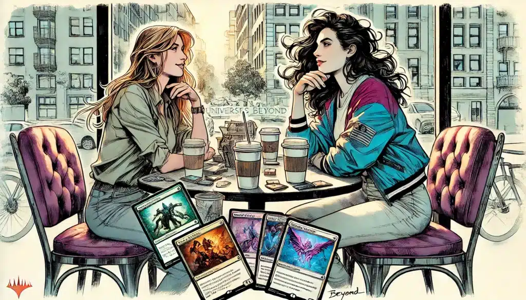 Two women sit at a café table, sharing coffee and discussing their latest Magic: The Gathering strategies. Trading cards spread before them, they delve into the Universes Beyond set. Outside, bicycles breeze past the bustling cityscape in this vibrant, illustrated scene.