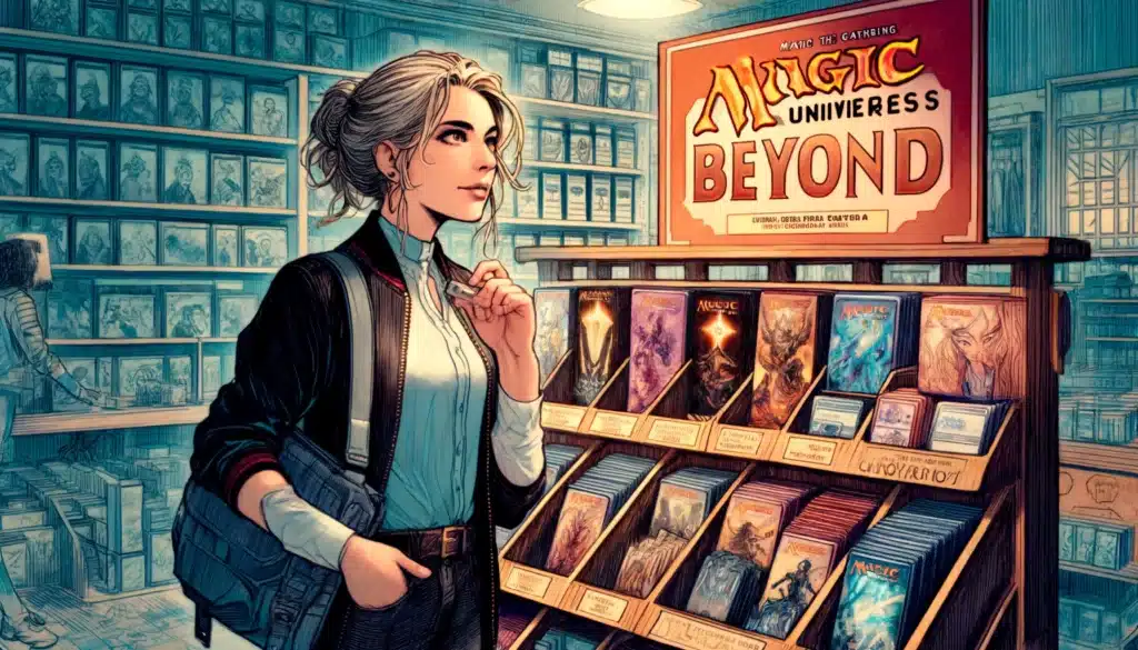 A woman with a ponytail and casual attire stands in a comic book store, eyeing the Magic: The Gathering Universes Beyond display. Shelves brimming with comics create an illustrated backdrop. The scene is brightly colored, capturing the vibrant energy of her quest for new stories.