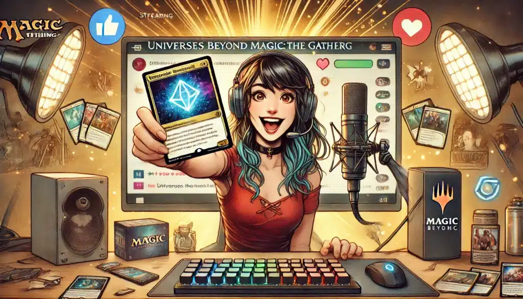 Clad in headphones, a fantasy-themed streamer excitedly displays a Magic: The Gathering card from the Universes Beyond series. Surrounded by gaming gear, lights, and card packs, she transports her online audience into a mystical realm of wonder and strategy.