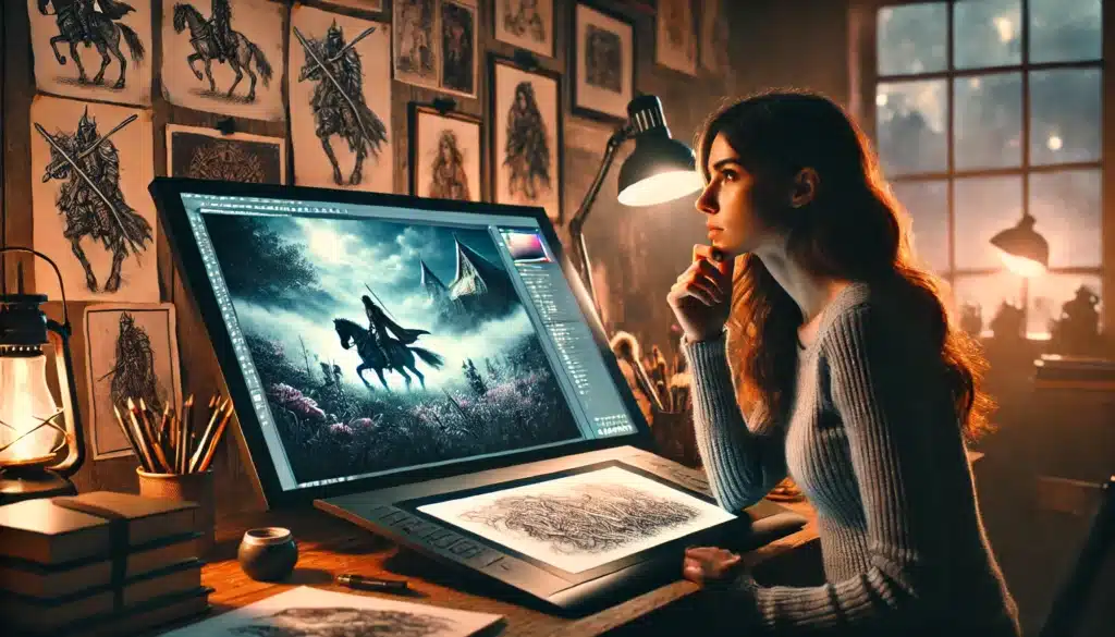 In a dimly lit room, a woman sits at her desk, deeply engrossed in AI-generated art displayed on a large monitor. The digital scene features a rider on horseback in a mystical landscape. Various sketches cover the walls, while a warm lamp glow highlights her creative workspace.