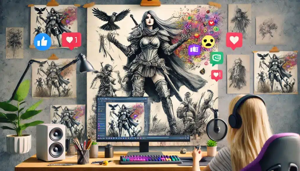 A person with headphones sits at a computer, viewing digital art featuring a warrior woman holding a burst of colorful energy. The room is decorated with sketches of the same character. Social media icons float around the artwork.