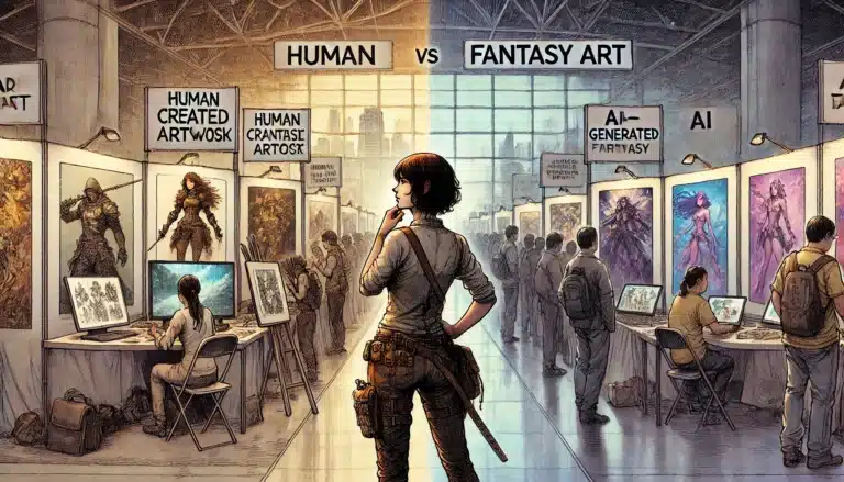 A person stands amid an art exhibition split into two zones: Human Created Artwork on the left, featuring artists sketching fantasy scenes, and AI-Generated Art on the right, showcasing AI-crafted images. This display sparks community debate about gaming creativity versus AI innovation.