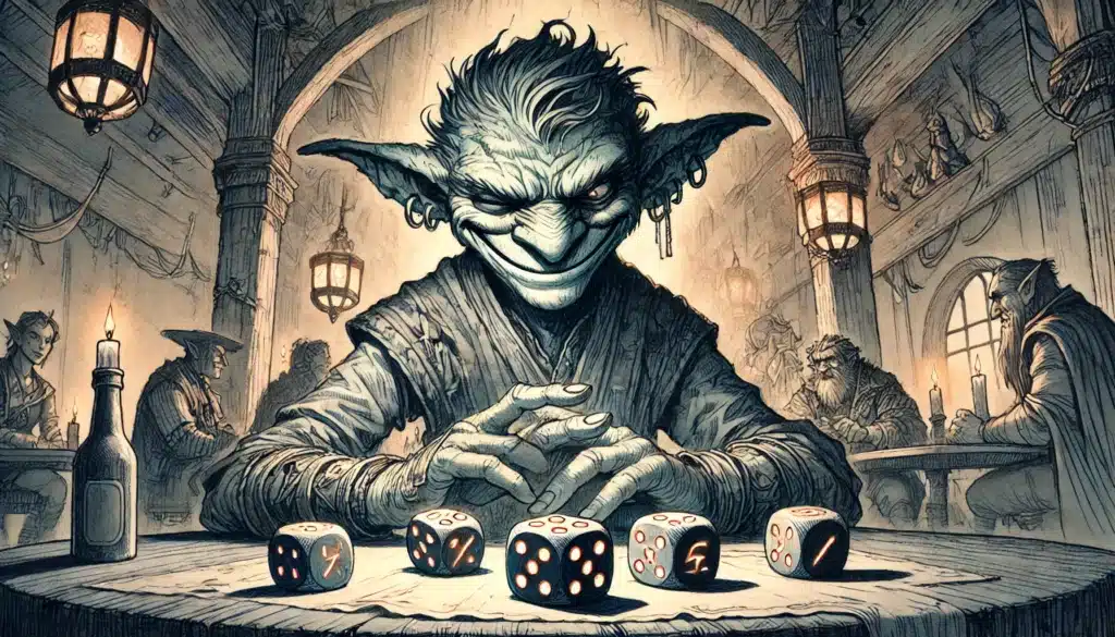 A goblin with a mischievous grin sits at a table in a dimly lit tavern, where the art of gambling unfolds. Dice with numbers and symbols lie before it, tempting fate, as other creatures lurk in the shadows. Hanging lanterns cast light on the rustic, trap-laden scene.