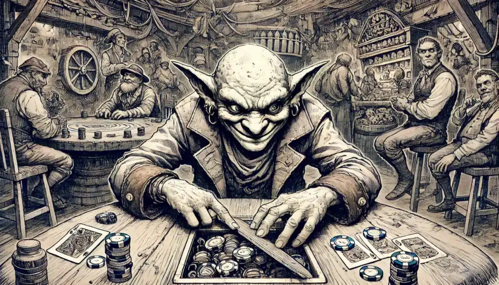 In a devious corner of the bustling tavern, a mischievous goblin-like creature sorts poker chips. Amidst the clinking glasses and lively card games, the dimly lit room resembles an enchanting gambling den with its wood-paneled walls and myriad trinkets.